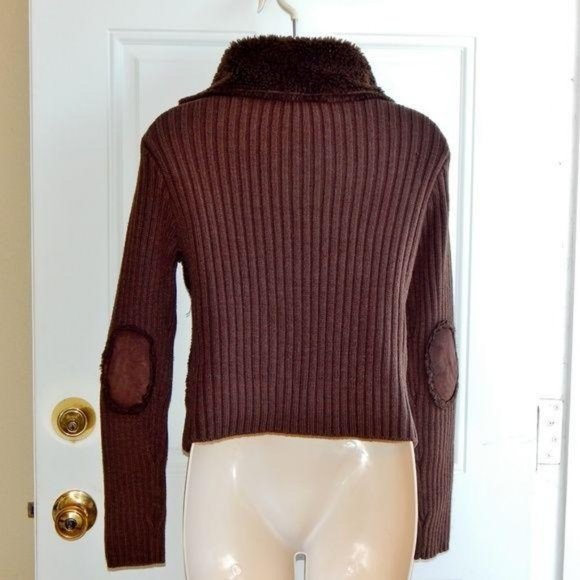 Vintage JJ BASICS Brown Multimedia Rib Knit Sherpa Faux Suede Sweater - Picture 4 of 5